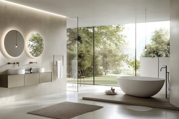 A modern bathroom with sleek fixtures, neutral colors, and minimalist decor. Focus on clean lines, large windows for natural light, and integrated storage solutions. Incorporate contemporary art 