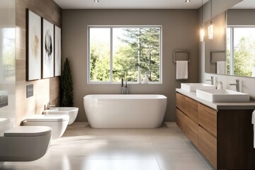 A modern bathroom with sleek fixtures, neutral colors, and minimalist decor. Focus on clean lines, large windows for natural light