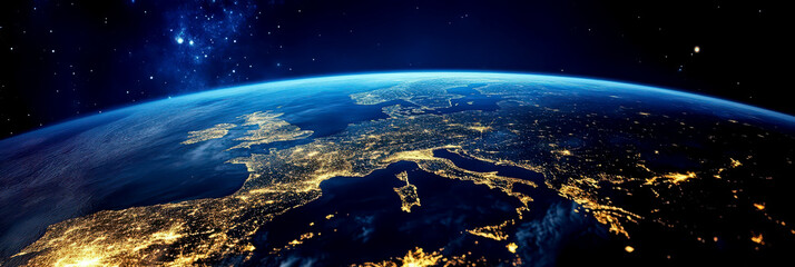 Celebrating Europe day with a stunning view of earth from space highlighting european continent. Horizontal banner. Copy space.