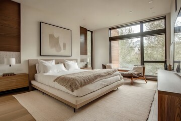 A modern bedroom with sleek furniture, neutral colors, and minimalist decor. Focus on clean lines, large windows for natural light,