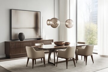 A modern dining room with sleek furniture, neutral colors, and minimalist decor. Focus on clean lines, large windows for natural light, 