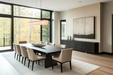 A modern dining room with sleek furniture, neutral colors, and minimalist decor. Focus on clean lines, large windows for natural light