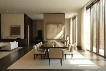 A modern dining room with sleek furniture, neutral colors, and minimalist decor. Use clean lines, large windows, and integrated storage solutions. 