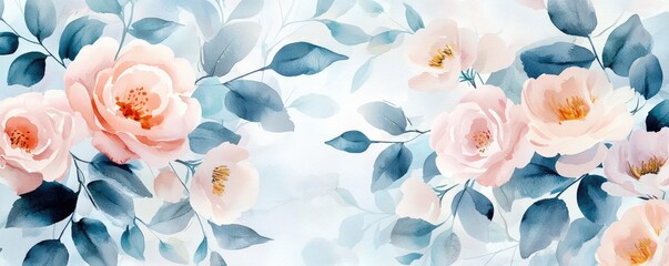 Floral watercolor concept. Beautiful watercolor flowers with soft pastel colors and delicate leaves.