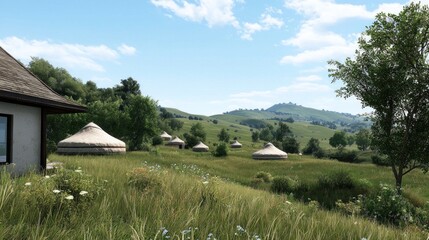 Serene Yurt Village in a Summer Meadow