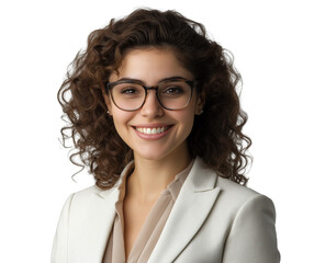 Obraz premium A smiling woman with curly hair and glasses, wearing professional attire, isolated on a transparent background png