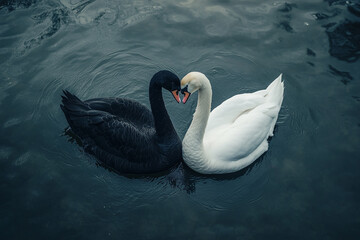 Fototapeta premium Black and white swans in heart shape on serene lake reflecting tranquility and harmony