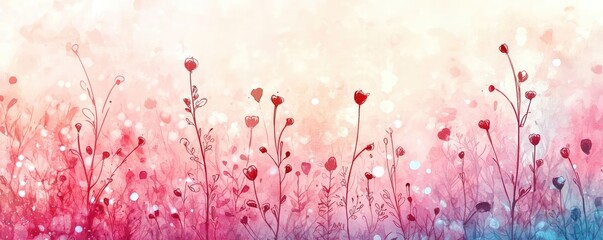 Fototapeta premium Doodle watercolor idea. A vibrant field of blooming flowers in soft pastel hues, evoking tranquility and beauty.