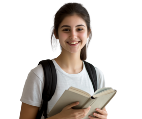 A smiling young woman, a student, holding an open book, wearing a white shirt and a black backpack, isolated on a transparent PNG background
