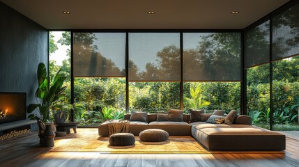 Modern Living Room with Smart Blinds and Natural Light
