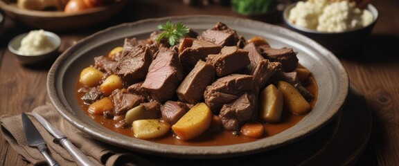 Fototapeta premium A traditional British dish of slow-cooked lamb stew made with tender lamb and rich sauce on a dark brown wooden table, rustic cooking, comforting meal, hearty stew