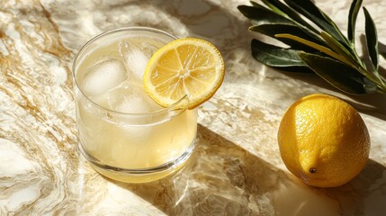 A fresh drink sits on a marble surface, glistening with ice and garnished with a slice of lemon. Nearby, a whole lemon adds a vibrant touch, inviting a taste of summer