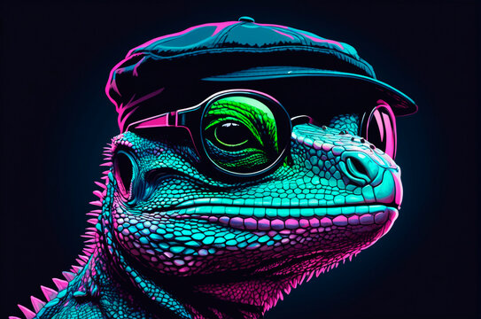 
Portrait of an lizard with black glasses, wearing a cap on his head, illustration, neon aesthetics, neo-noir. Generative AI.