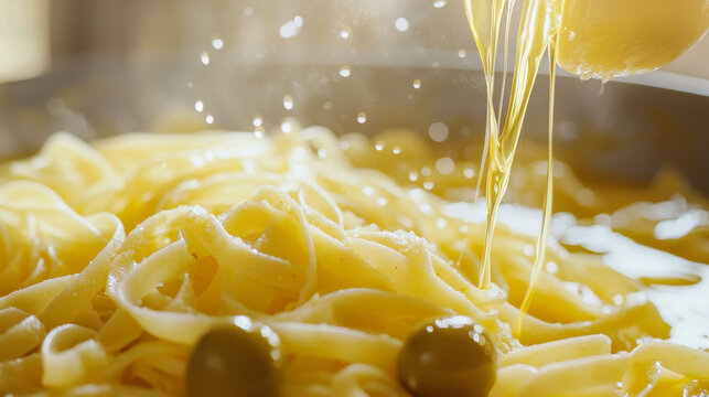 Pasta and Italian macaroni cuisine or restaurant poster of lasagna, tagliatelle or spaghetti and farfalle. Vector design of olive oil and olives branch for papardelli, ravioli or fettuccine