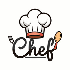A chefs hat above the word Chef in elegant script, with a small, minimalist fork and knife crossed underneath