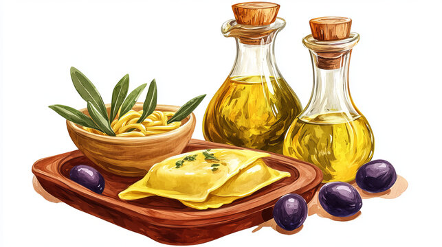 Pasta and Italian macaroni cuisine or restaurant poster of lasagna, tagliatelle or spaghetti and farfalle. Vector design of olive oil and olives branch for papardelli, ravioli or fettuccine
