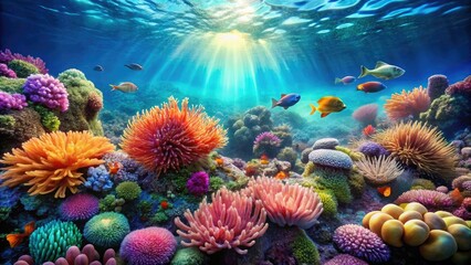 A vibrant coral reef with turquoise water and colorful sea anemones swaying gently in the current, tropical scene, coral reef, sea fans waving, underwater world