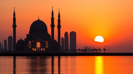 Silhouette of a mosque at sunrise over calm water with city skyline.