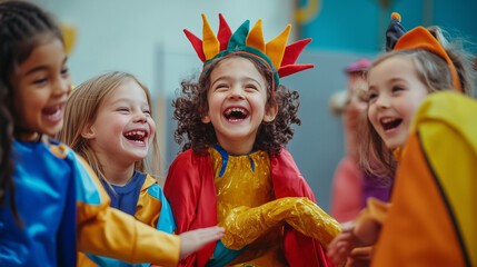 Fototapeta premium Kids laughing in bright costumes at a festive party