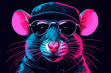 Naklejka premium Portrait of an rat with black glasses, wearing a cap on his head, illustration, neon aesthetics, neo-noir. Generative AI.