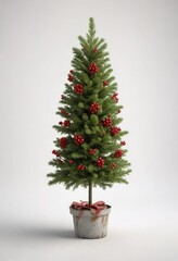 A white background with a small Christmas tree in the center adorned with red berries and evergreen branches, seasonal decor, winter wonderland, small christmas tree