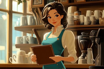 A barista proudly presenting a menu folder, with shelves of coffee mugs and artisanal brewing equipment behind her.