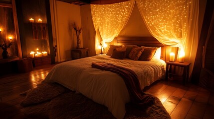 Obraz premium Romantic Bedroom Decorated With Candles And Fairy Lights