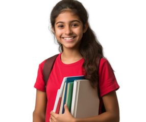 A smiling Hispanic girl in a red shirt and backpack, holding books, on a transparent background png