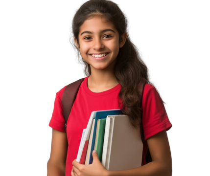  A smiling Hispanic girl in a red shirt and backpack, holding books, on a transparent background png