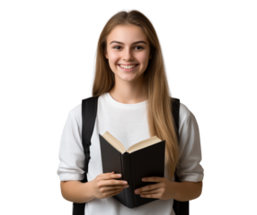 A smiling young woman, a student, holding an open book, wearing a white shirt and a black backpack, isolated on a transparent PNG background