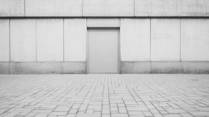 Fototapeta premium Monochrome image of a closed door in a concrete wall, paved ground.