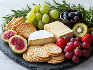 Vibrant Vegan Cheese Platter with Fresh Fruits and Crackers