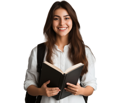 A smiling young woman, a student, holding an open book, wearing a white shirt and a black backpack, isolated on a transparent PNG background - Powered by Adobe
