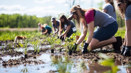 Volunteers planting trees in muddy field, sunny day