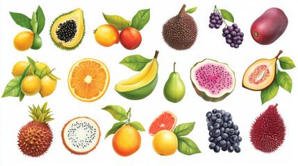 Exotic fruits and tropical berries sketches. Orange, papaya and durian, grapefruit, fig and feijoa, carambola, dragon and passion fruit, lychee, guava and tamarillo, rambutan and longan