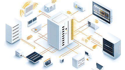 Obraz premium Fiber optic network system diagram illustrating data flow and connections among devices, showcasing modern technology and connectivity