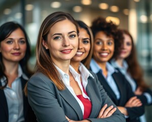 Fototapeta premium A group of confident women leaders stand together, showcasing their strength and unity in the workplace to inspire future generations on International Women's Day