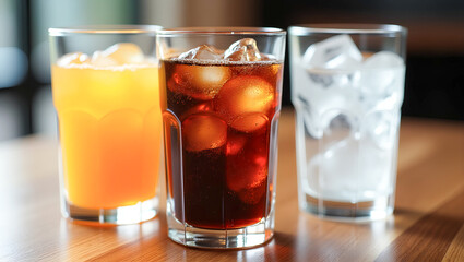 Three glasses, one with orange juice, one with a dark soda and ice, and one with water and ice, are displayed on a wooden table.