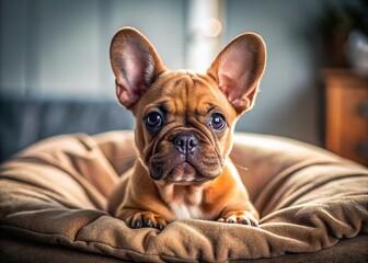 Obraz premium Adorable Brown Frenchie Puppy Posing on Cozy Bed - Funny Pet Photo