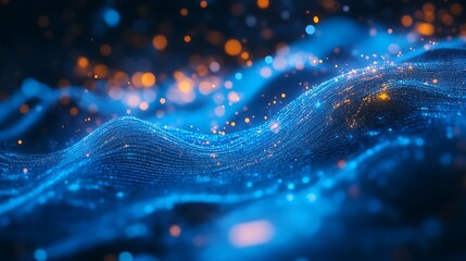 Abstract portrayal of bright blue music notes flowing along a vibrant digital sound wave symbolizing music