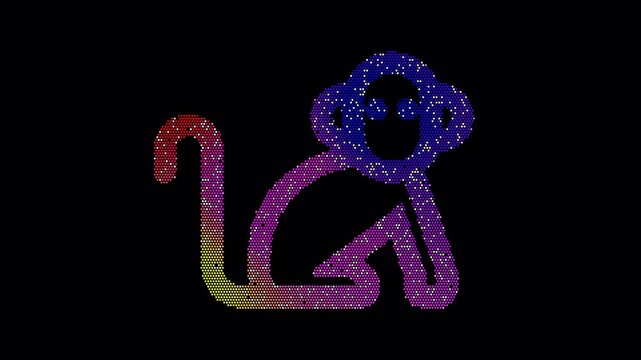 Icon monkey is made up of LED square shapes that shimmer and flicker. There are black dead diodes. In-Out looped. Alpha BW at the end