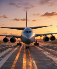 Airplane making a smooth approach to the runway during golden hour, aviation scene, sky turn pink, soft landing