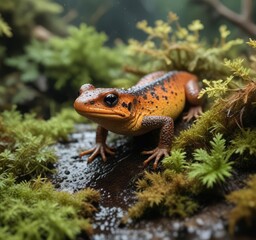 Fototapeta premium Alpine newt hiding among the lichen and mosses on a wet leaf , waterlogged ground, greenery