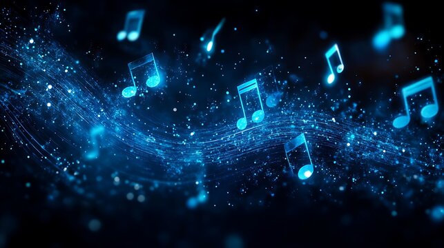 Bright blue music notes flowing through an intricate digital sound wave in a creative artistic composition