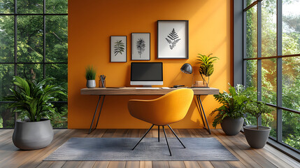 Bright and inviting home office mockup with modern furniture and a cheerful aesthetic