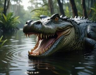 Obraz premium An alligator's powerful jaws are open wide, revealing rows of razor-sharp teeth as it hunts for fish in the swampy waters, murky , swamp
