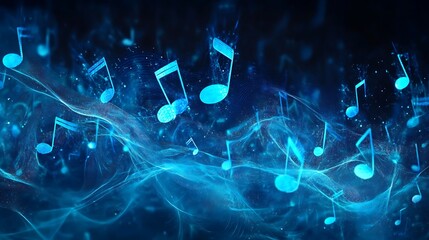 Obraz premium Bright blue music notes flowing through an intricate digital sound wave in a creative artistic composition