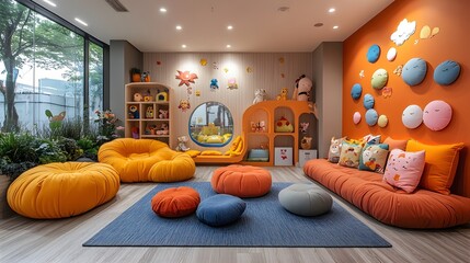 Cartoon-themed workspace design with ergonomic furniture and playful details