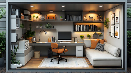 Fototapeta premium Stylish home office in 3D isometric view, featuring storage solutions and creative decor