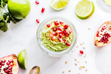 Cascading toasted seeds onto creamy avocado delight with fresh garnishes